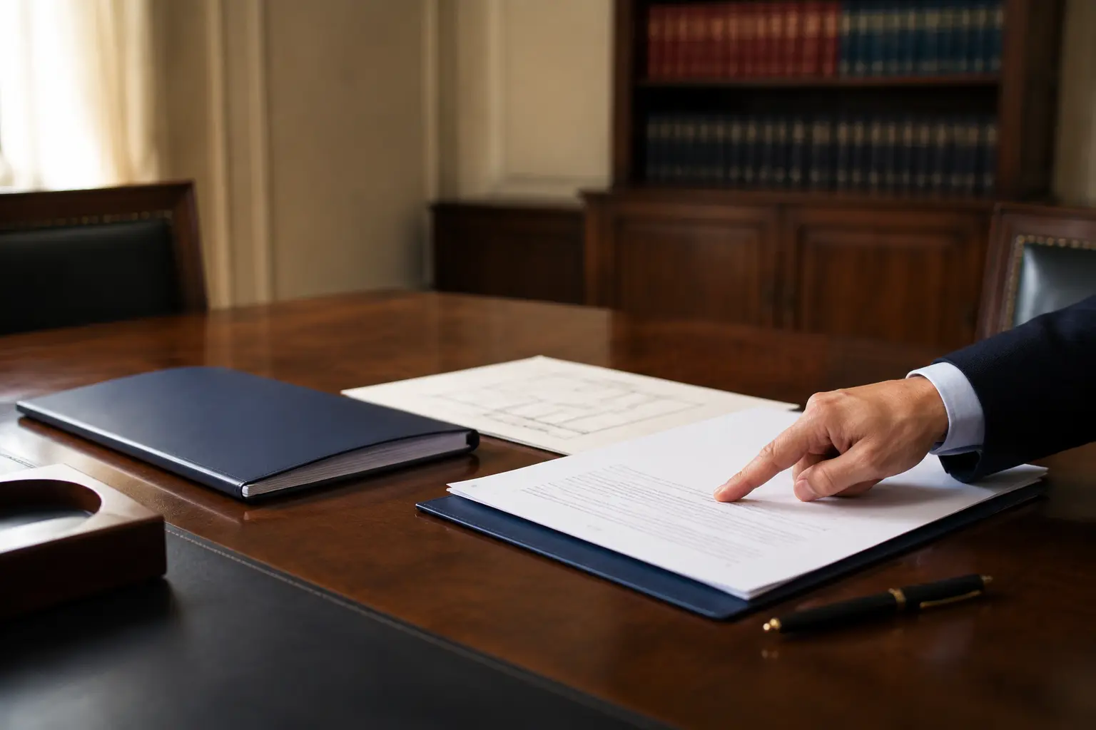 Contratto e documenti immobiliari esaminati su un tavolo professionale